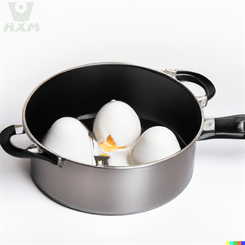 DALL·E 2023-04-11 11.38.43 – Poached eggs in a carbon steel pan, white background