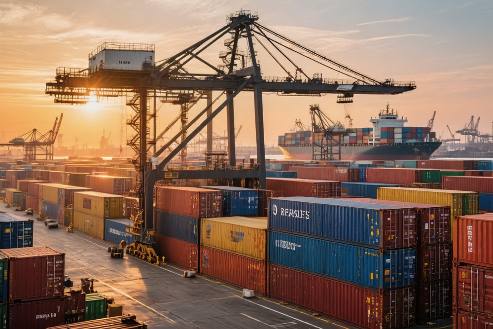 busy Shanghai container port with stacked containers and cargo vessel - international shipping for steel imports