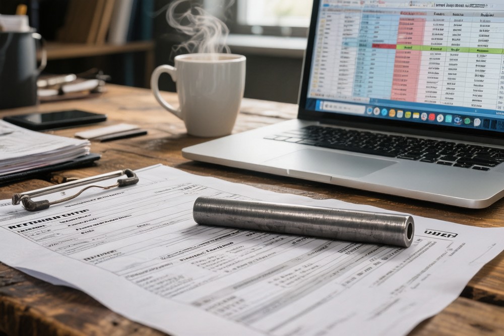procurement manager desk with steel sample and RFQ documents - sourcing carbon steel from China