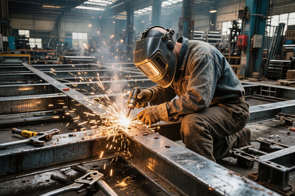 Steel fabrication workshop with welder working on structural frame