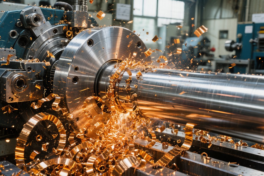 CNC lathe turning a round steel bar showing cutting zone with curling chips