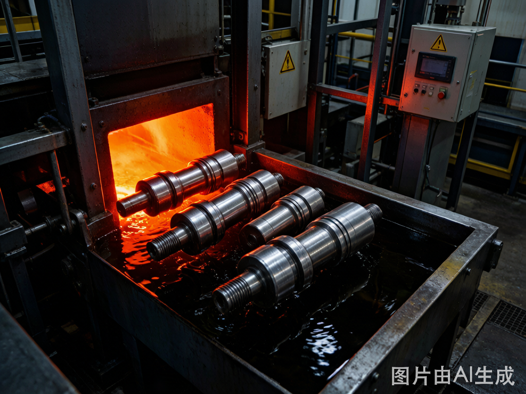 Heat treatment - S45C shafts being oil quenched