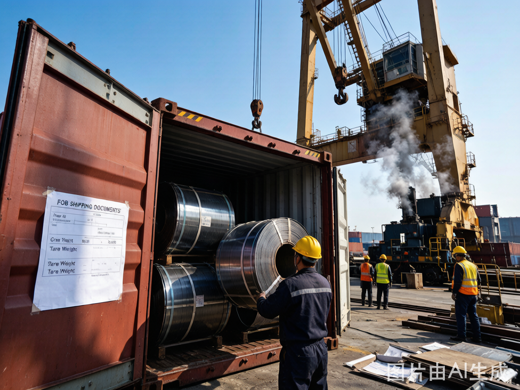 Steel rebar bundles loaded in shipping container for export