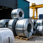 Hot-rolled steel coils stacked in warehouse with HS Code shipping labels