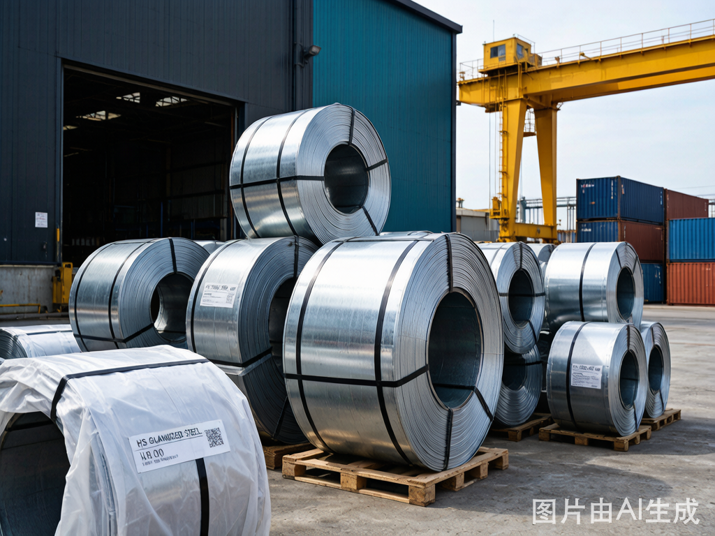 Hot-rolled steel coils stacked in warehouse with HS Code shipping labels