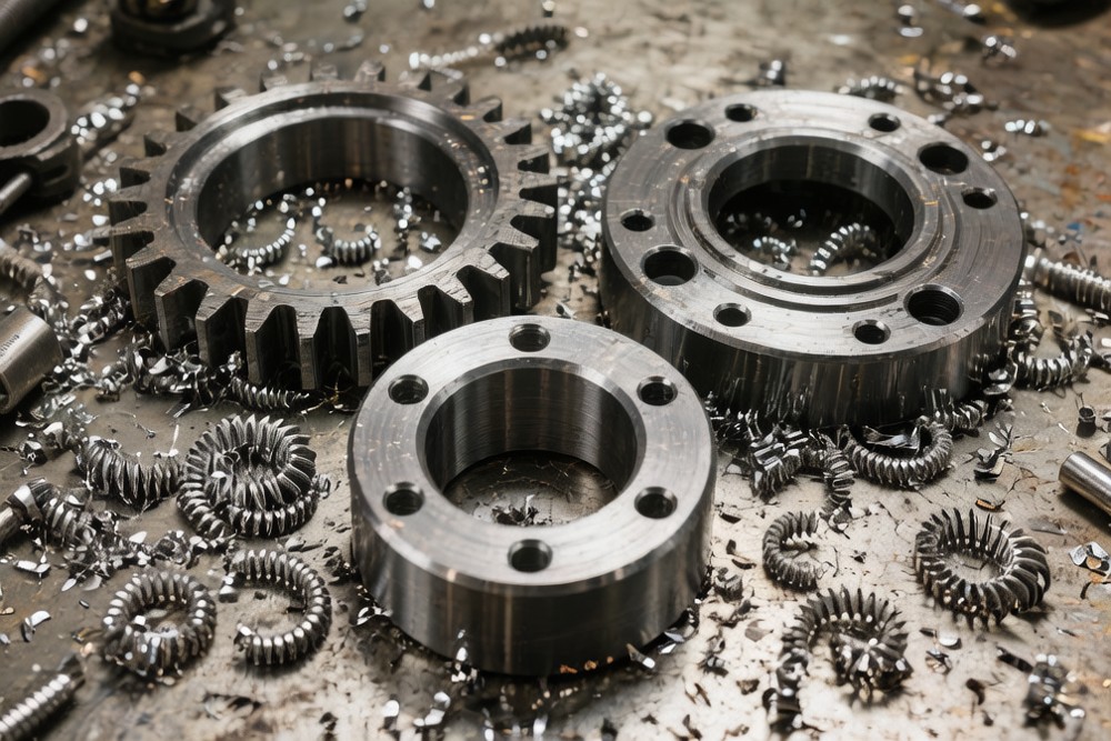 Machined AISI 1045 components shafts gears and flanged hubs
