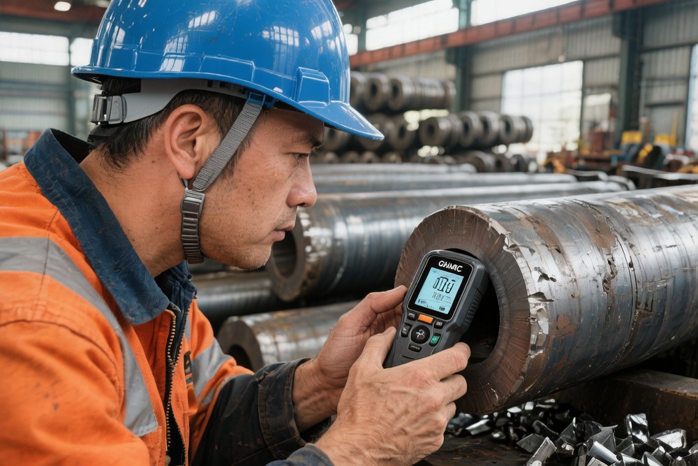 quality inspector checking steel hardness at warehouse - pre-shipment inspection for carbon steel imports
