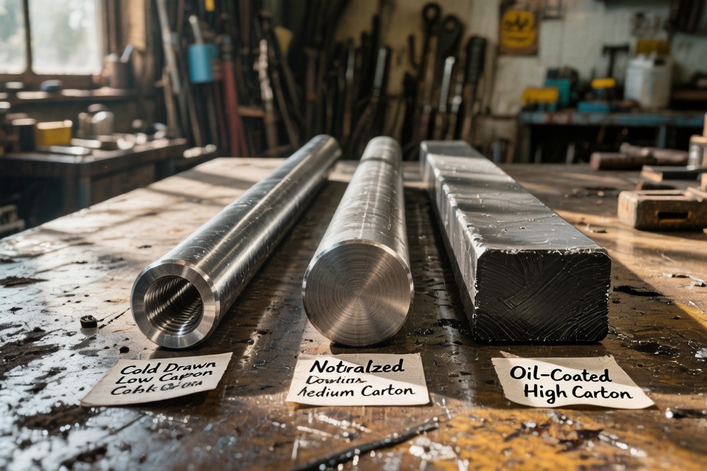 Three steel bar samples showing low medium and high carbon steel grades side by side