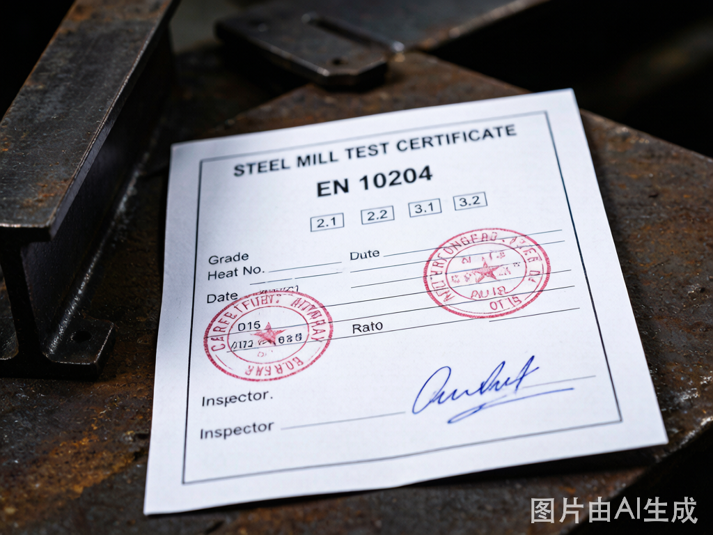 Mill test certificate EN 10204 document with stamps