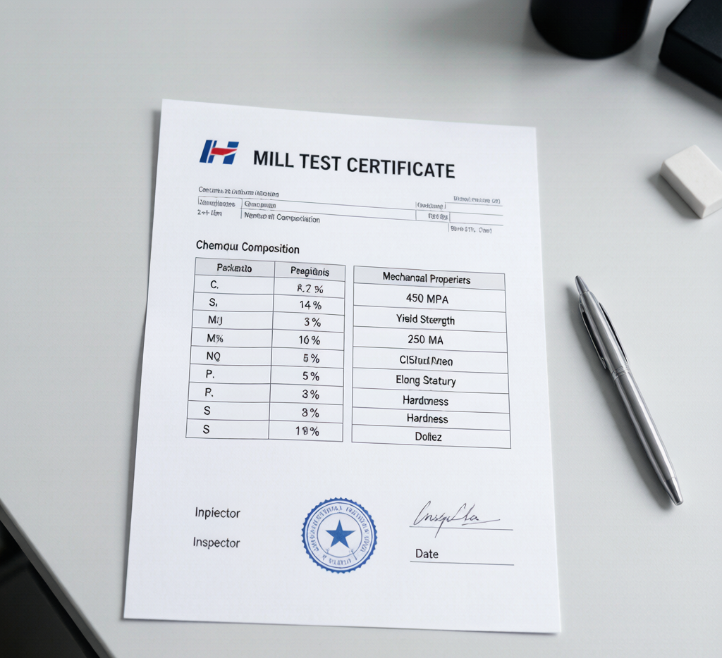 Mill test certificate with carbon steel chemical composition table
