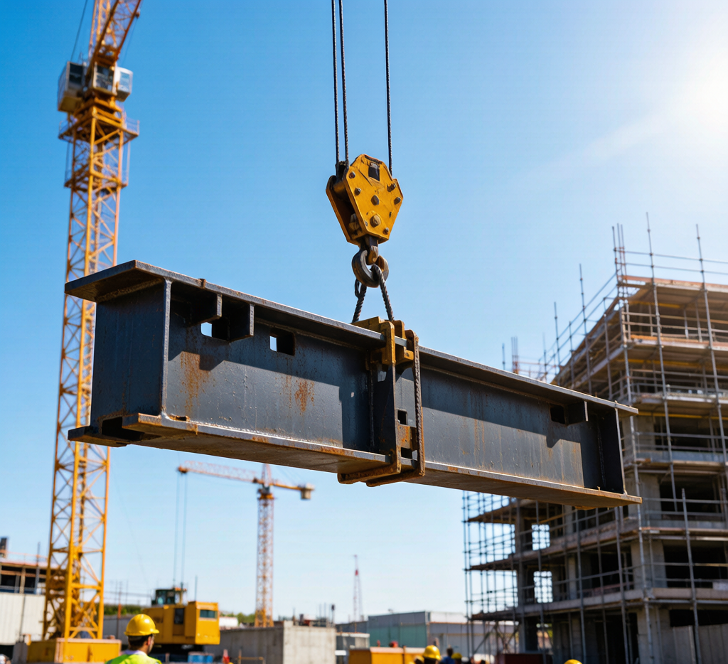 H-beam being lifted by crane at construction site
