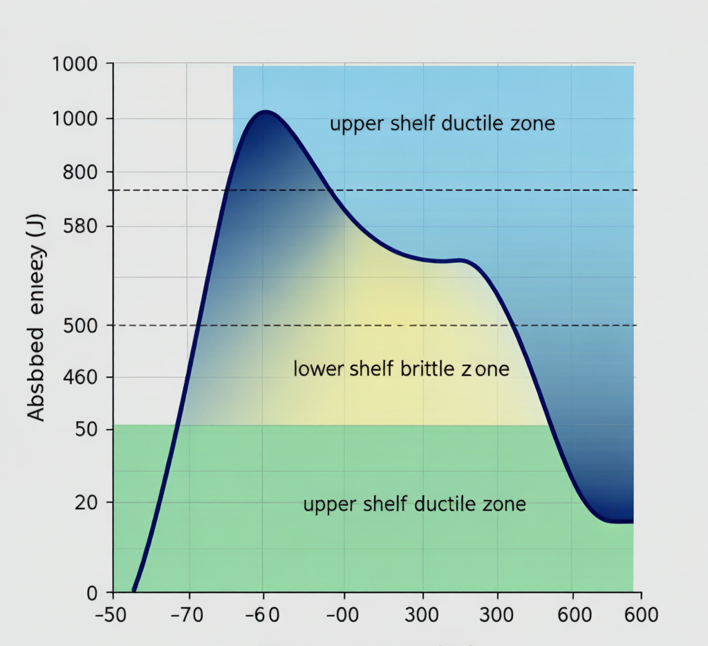 Carbon steel ductile-to-brittle transition temperature curve showing absorbed energy vs temperature