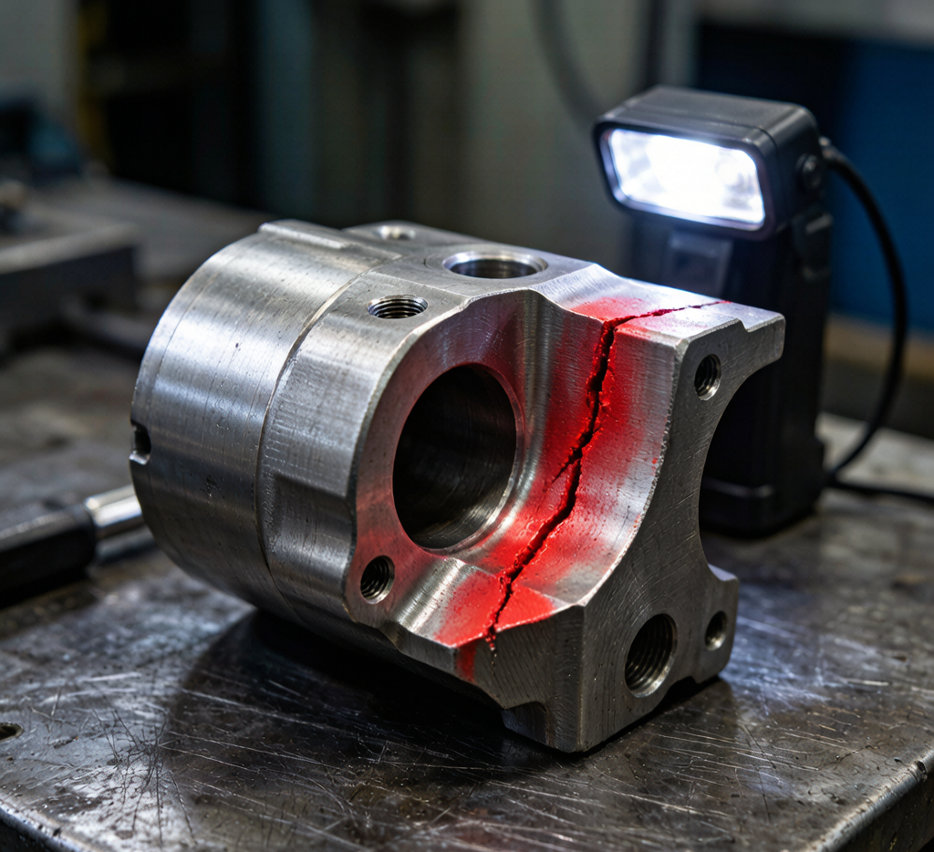 Dye penetrant testing revealing crack on carbon steel component