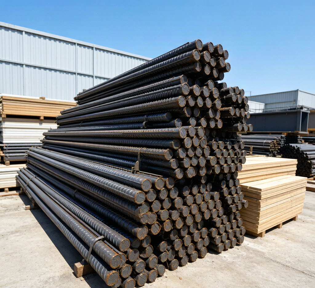 Carbon steel rebar stacked at construction material yard