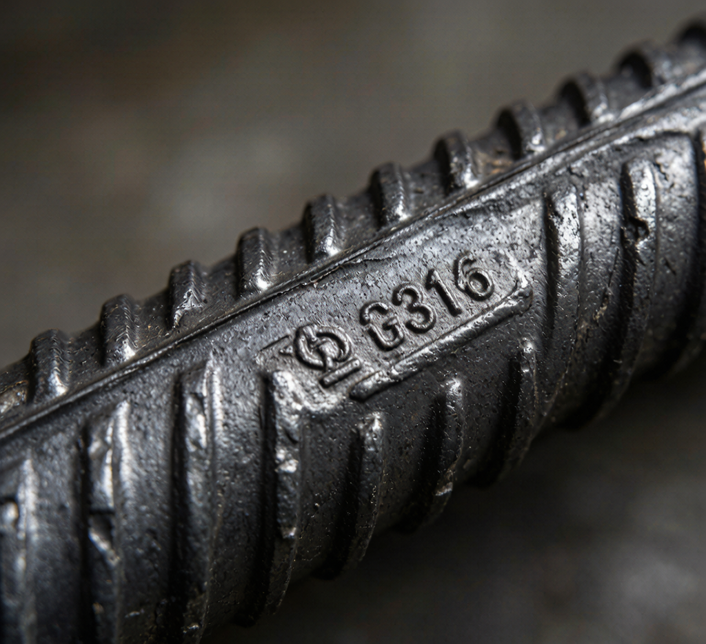 Close-up of rebar rib surface texture and grade stamp