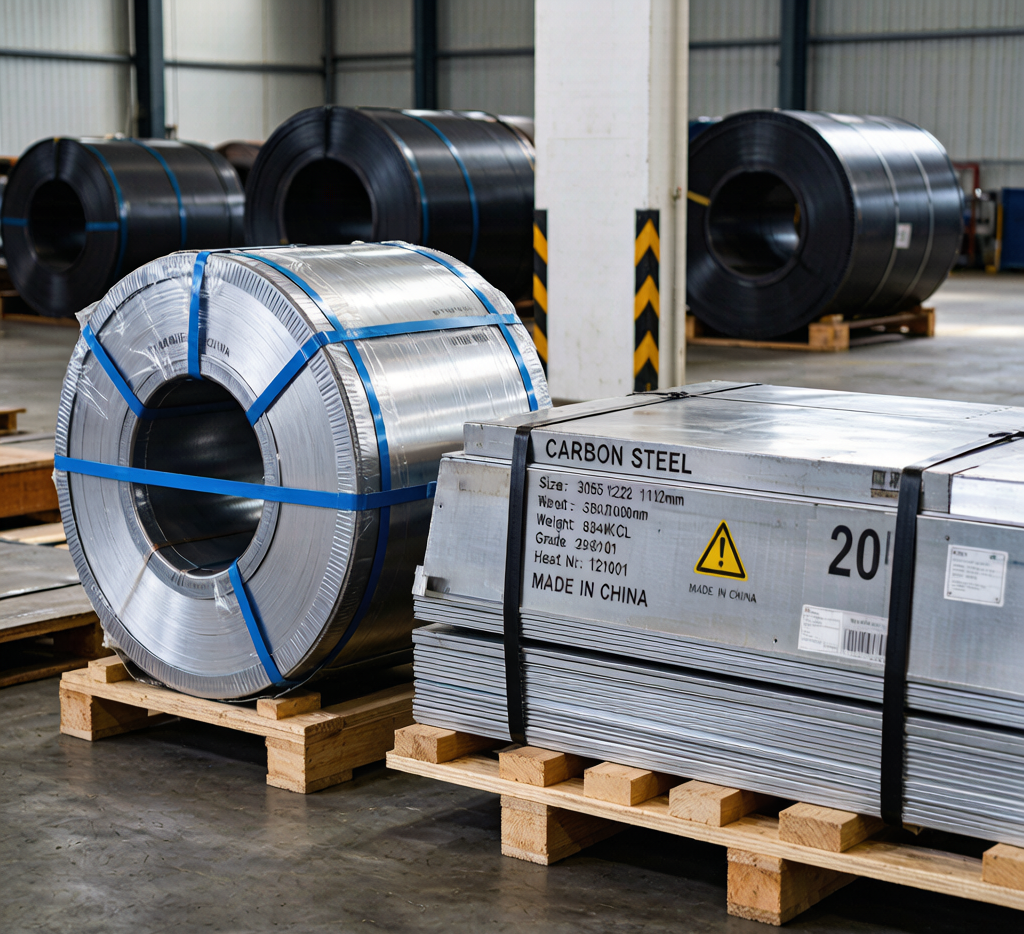 Carbon steel coil and plate packaging bundling with steel strapping for export