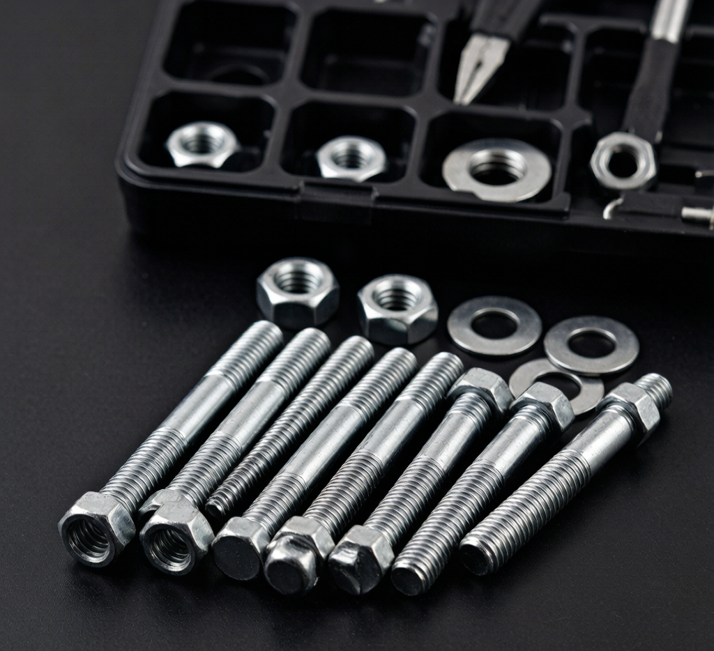 Threaded rods with nuts and washers for industrial fastening