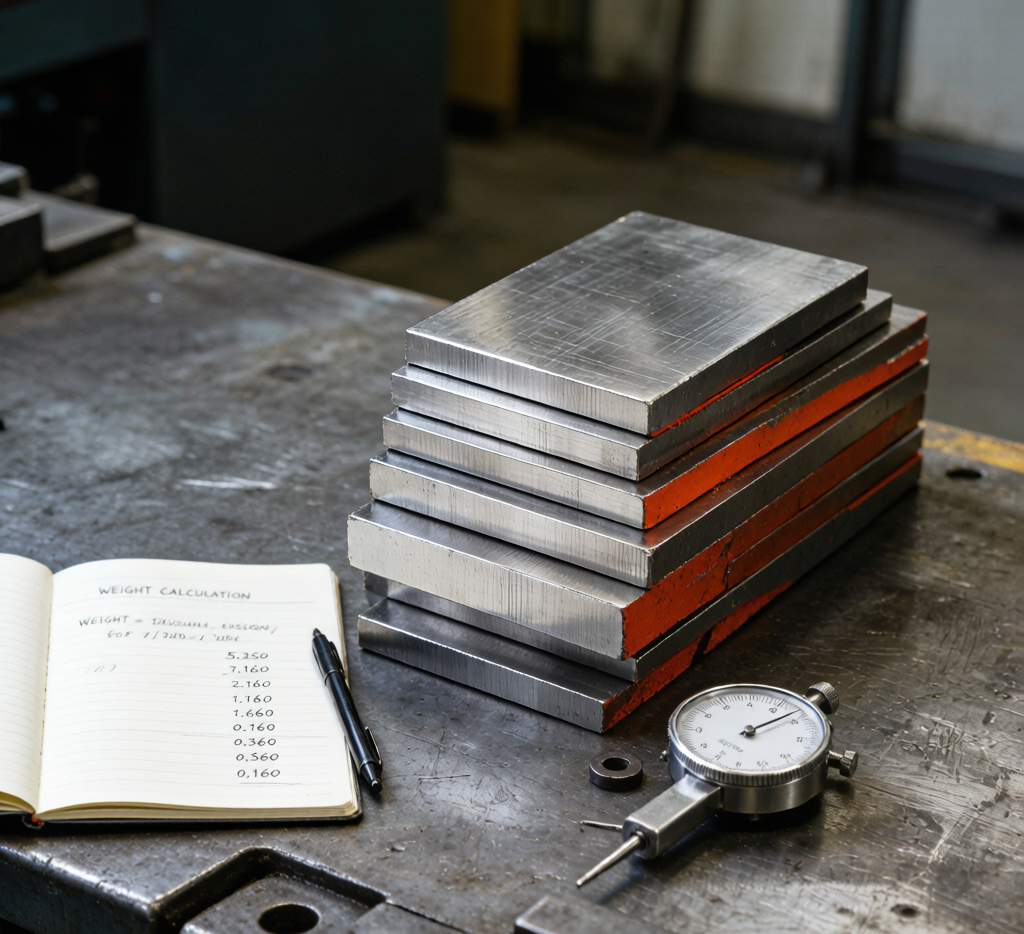 Steel plate stack with thickness gauge and calculation notebook