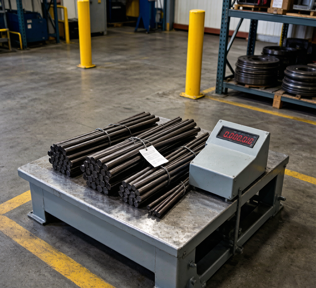 Carbon steel round bar bundles weighed on industrial scale