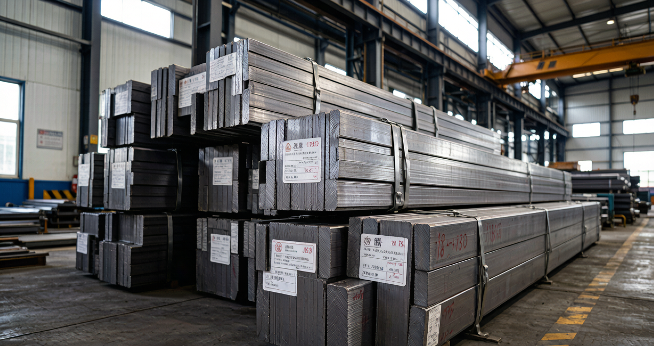 Carbon steel flat bar stacked ready for shipment