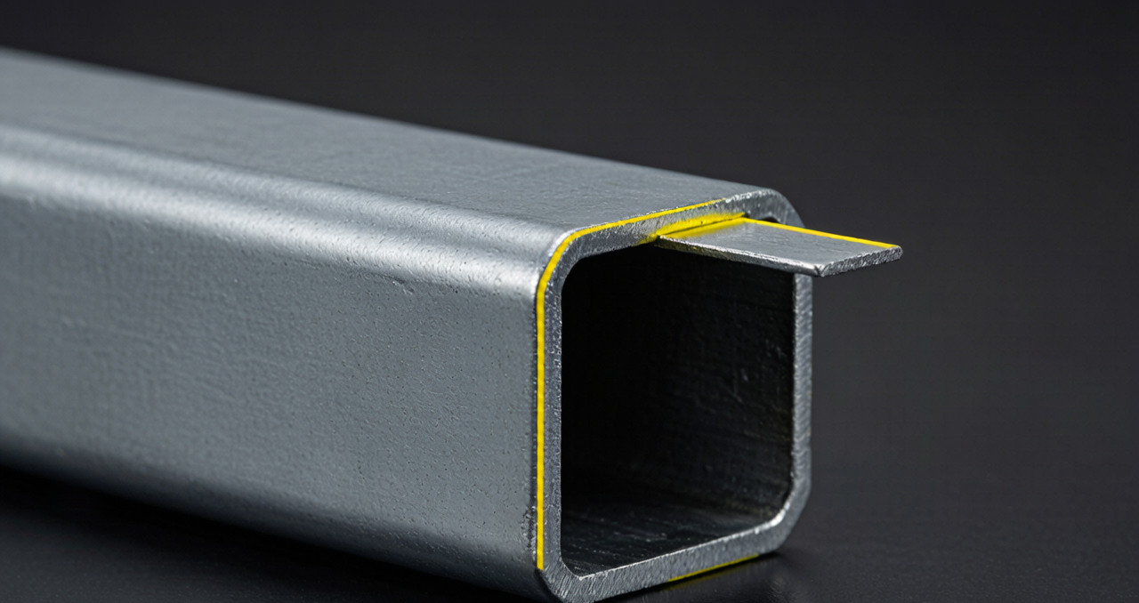 Galvanized square tube cross-section close-up