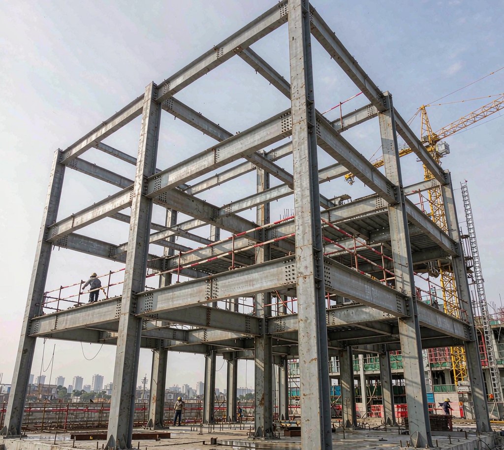 S235JR vs S275JR structural steel frames on a construction site