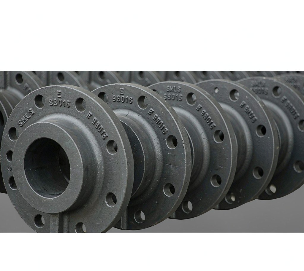 Row of carbon steel slip-on flanges in a warehouse