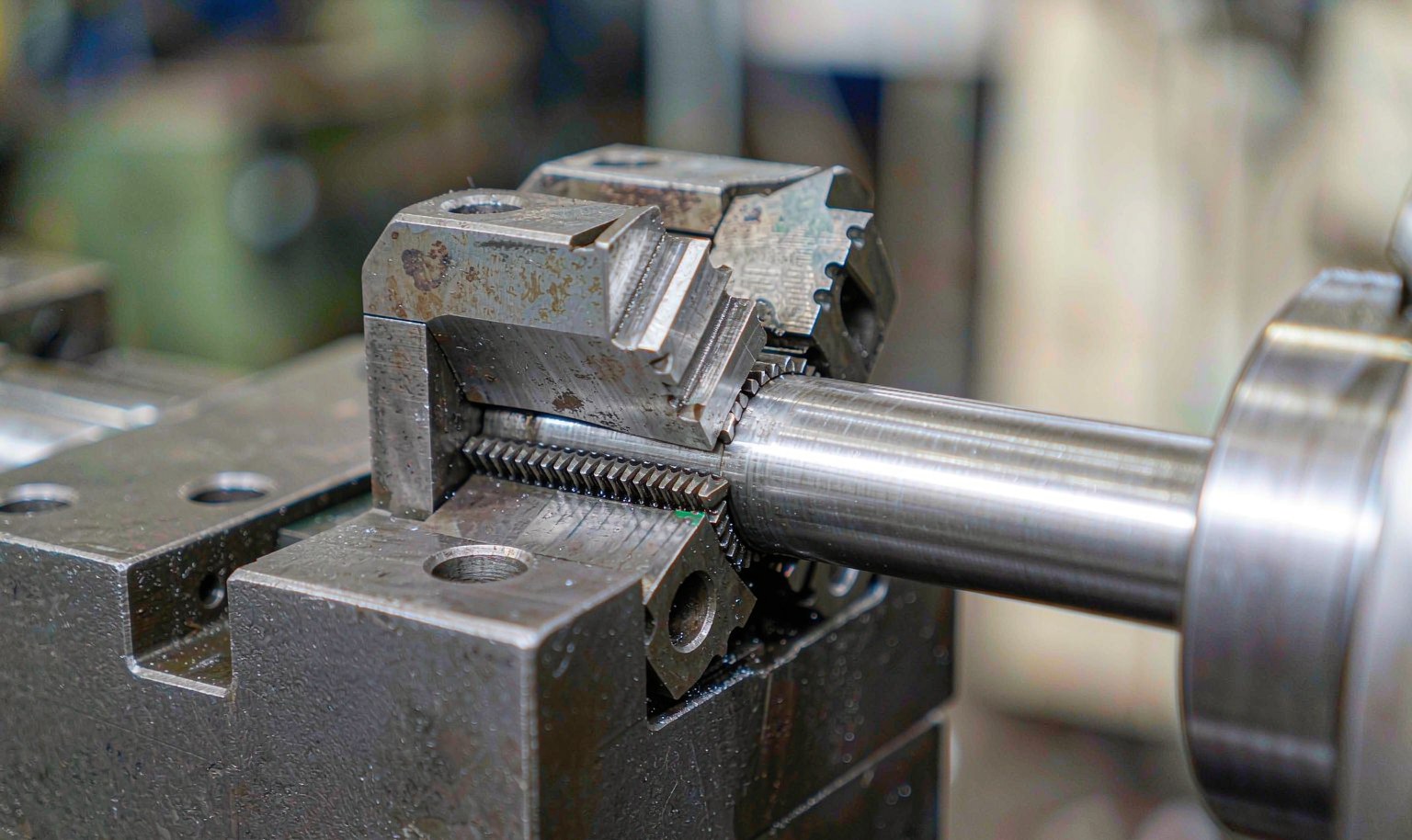 Close-up of machined NPT thread on a carbon steel flange