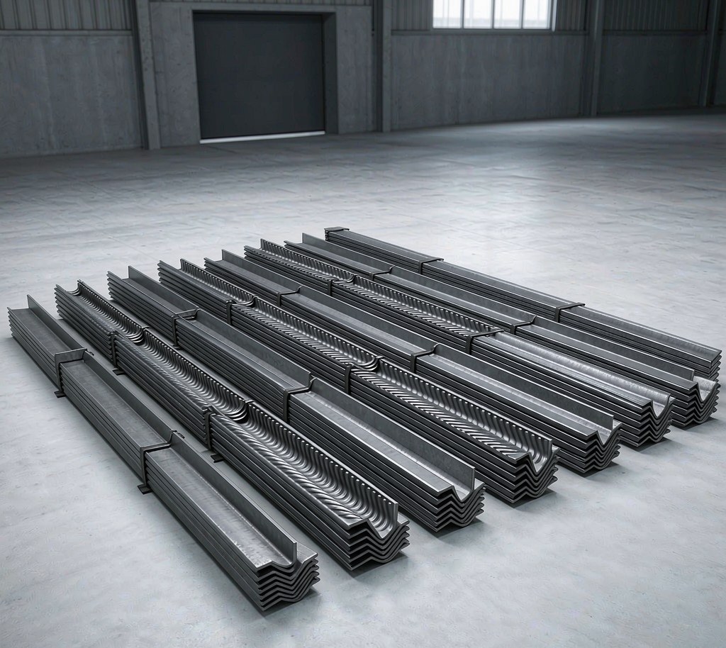 Stacked structural steel profiles in a workshop