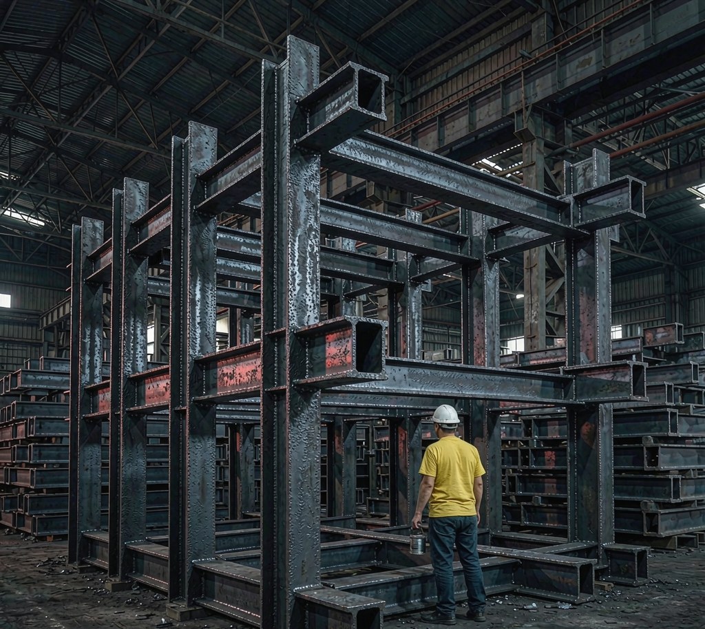 Steel fabrication workshop with weathering steel sections