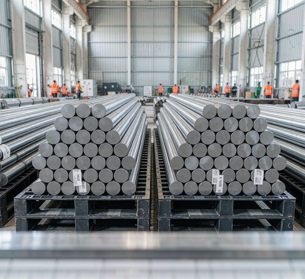Stacks of 1020 and 1045 carbon steel round bars in a warehouse