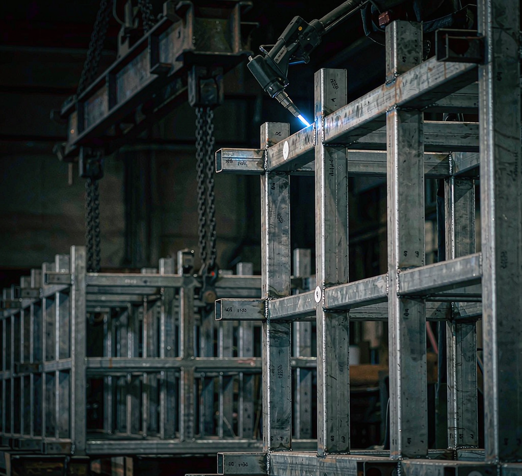 A36 steel plate being welded into structural framework