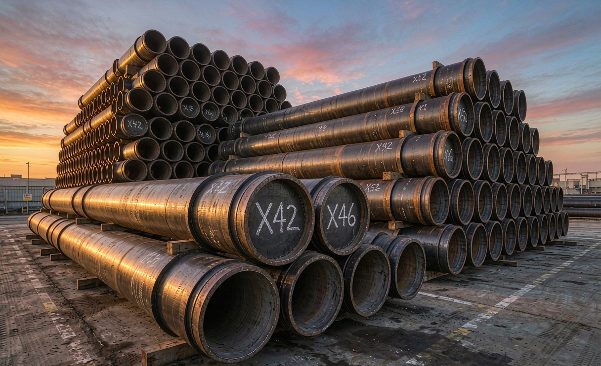 API 5L X42 X46 X52 line pipe stacked in pipe yard