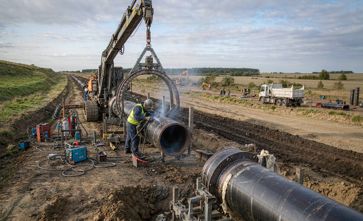 API 5L X52 line pipe being welded on cross-country pipeline right-of-way