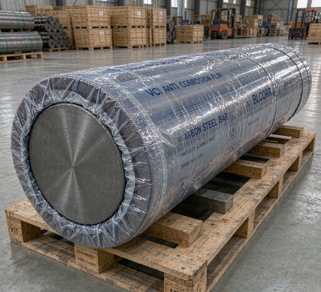 Carbon steel bars wrapped in VCI anti-corrosion film on wooden pallets