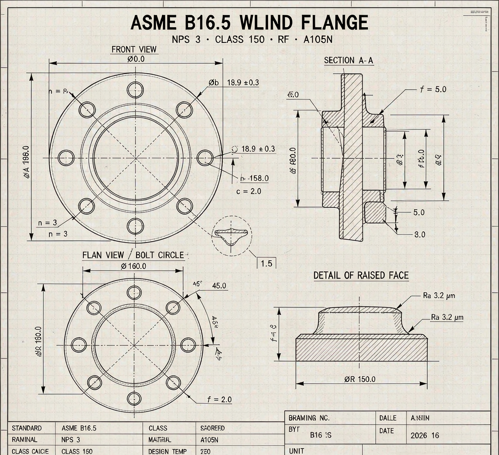 Carbon steel blind flange dimensional diagram with raised face and bolt circle
