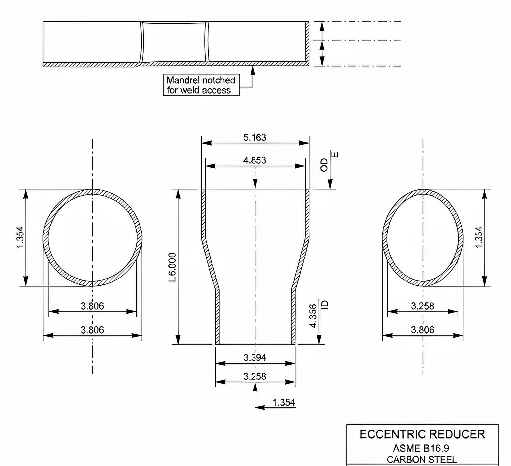 Carbon steel eccentric reducer dimensional diagram with flat side orientation