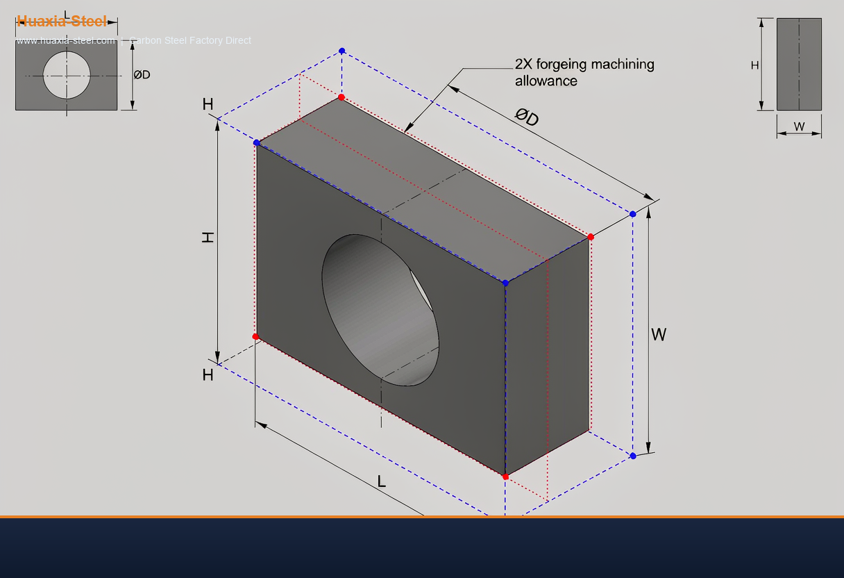 Carbon steel forged block dimensional drawing showing forging envelope