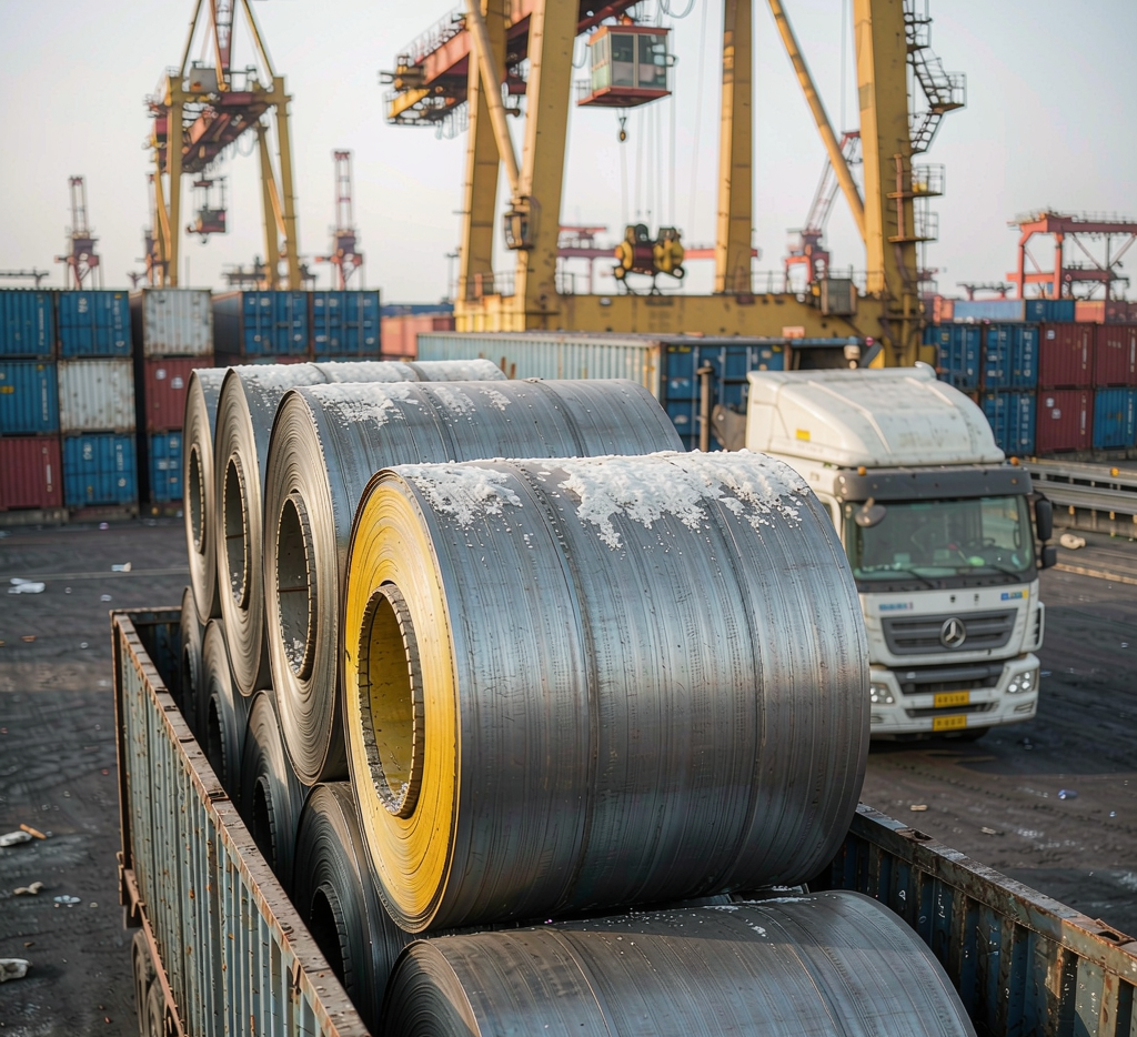Shipping container loaded with carbon steel coils at port