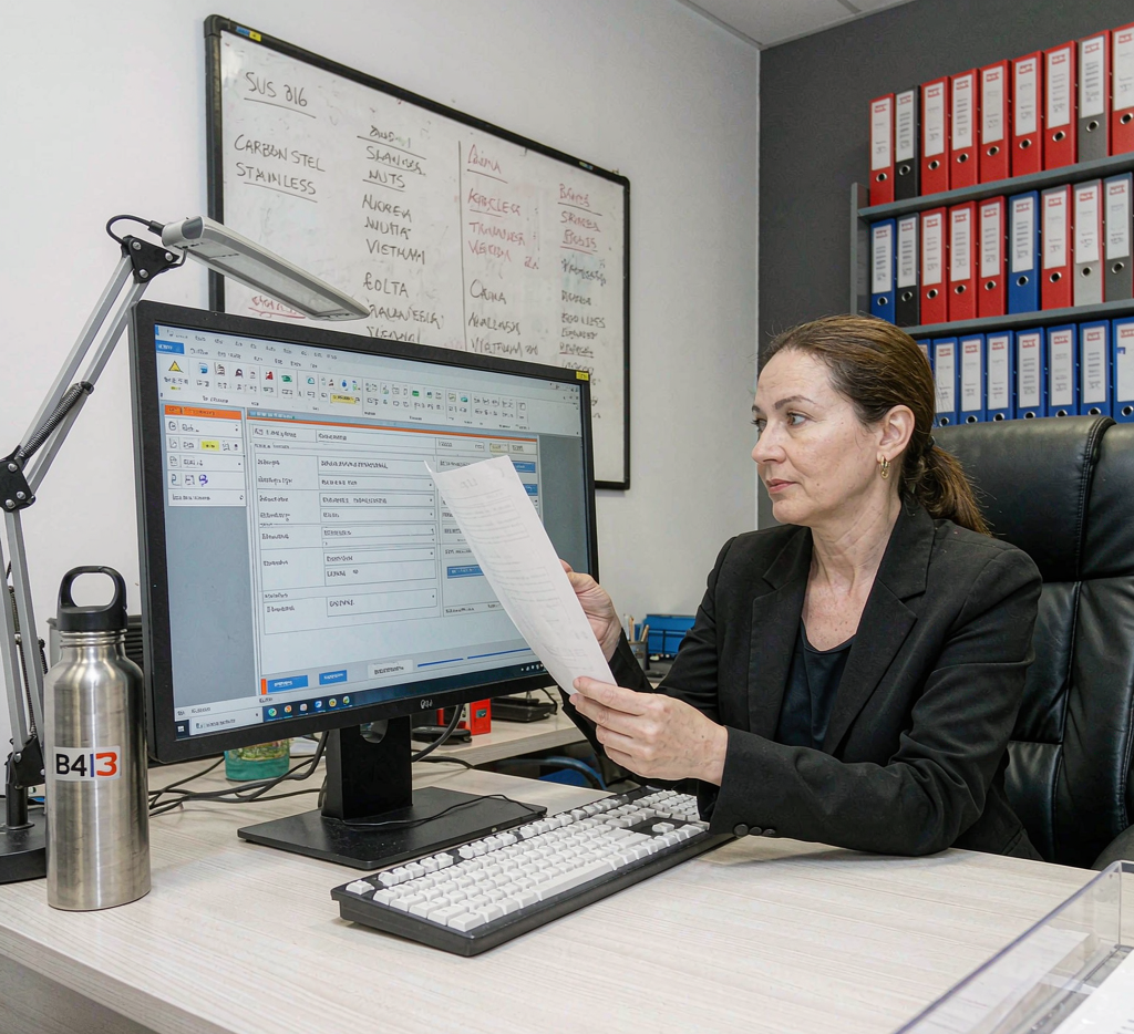 Customs officer reviewing carbon steel import paperwork