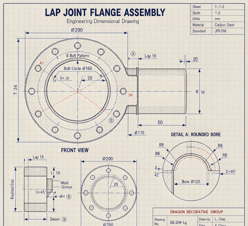 Lap joint flange assembly dimensional diagram with stub end and backing flange