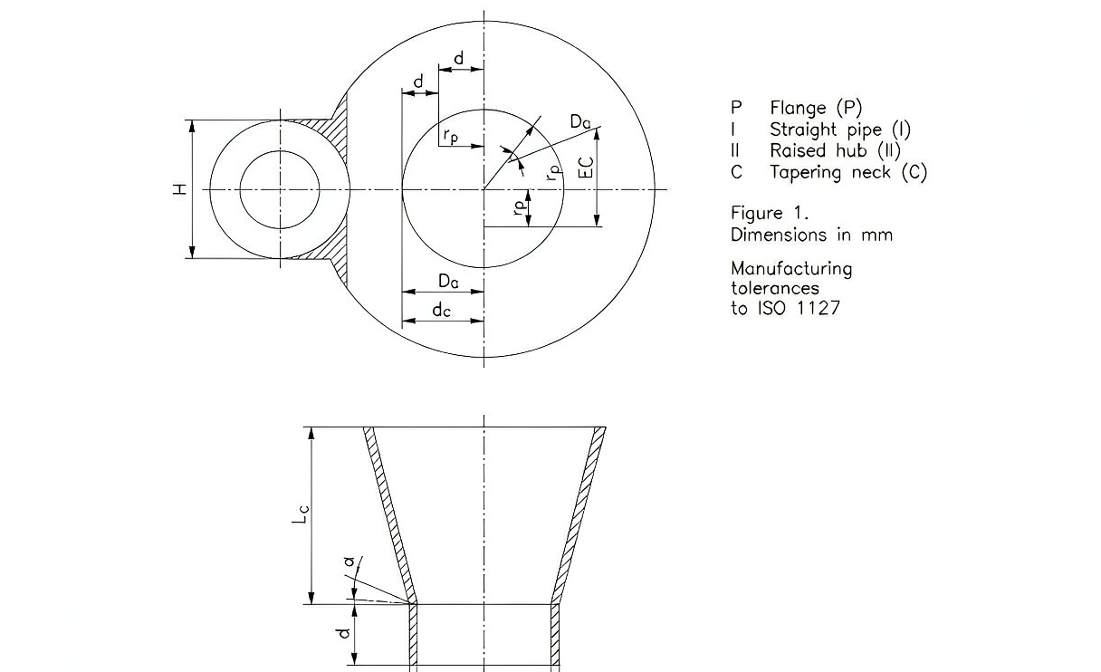 Technical cross-section drawing of long weld neck flange showing hub taper and wall thickness