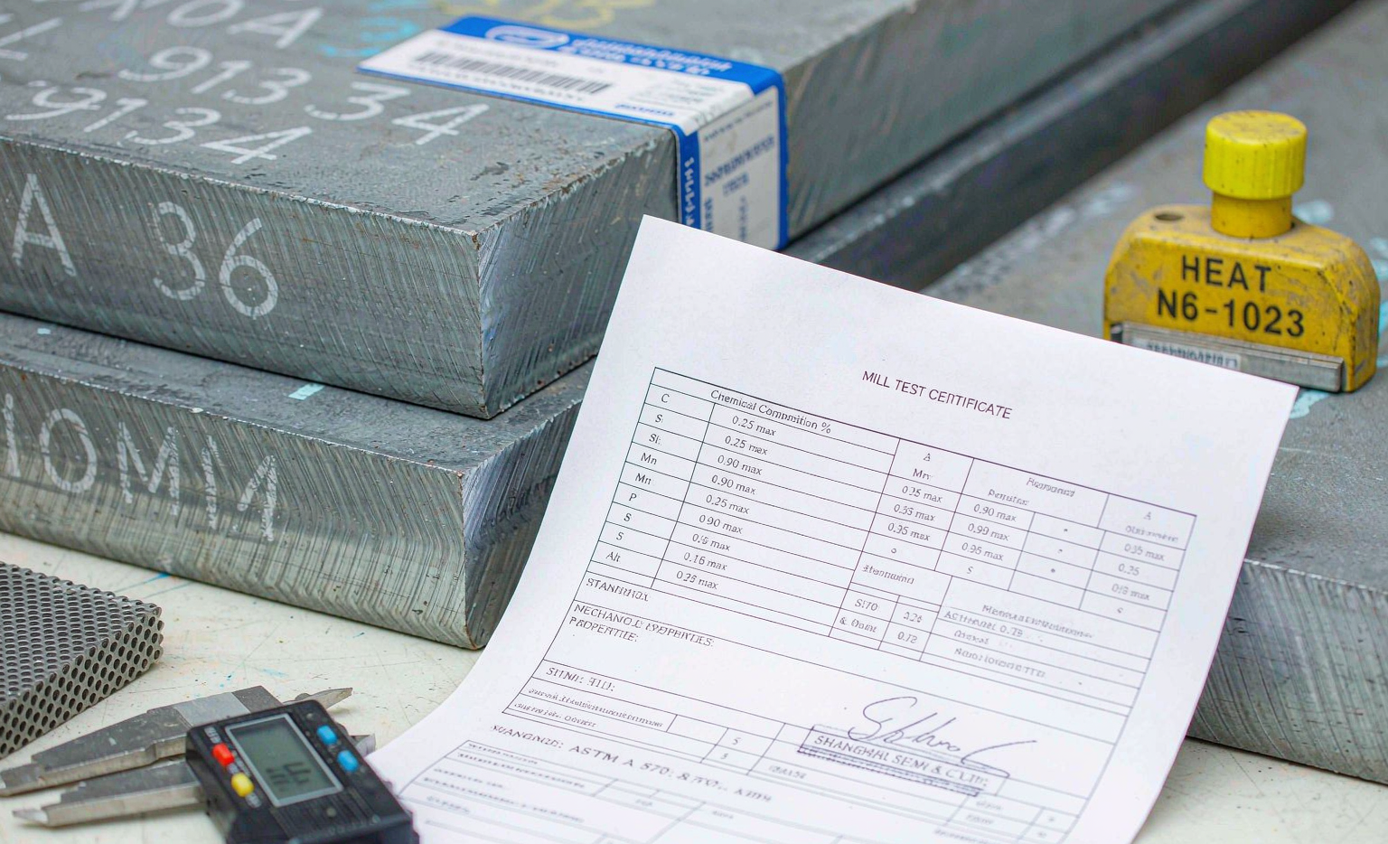 Mill test certificate documents for carbon steel with stamps and signatures