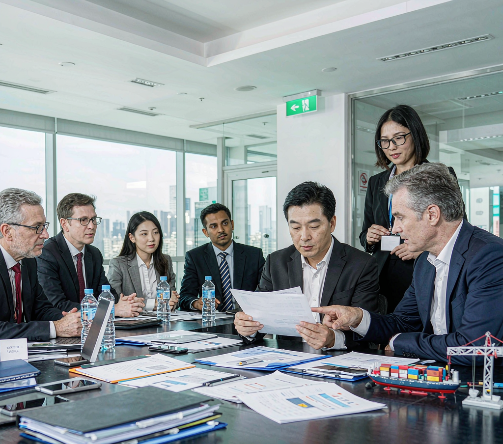 International business meeting negotiating steel order