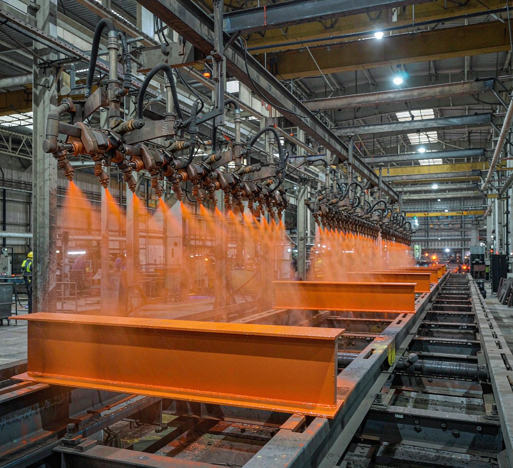 Automated spray painting line applying orange shop primer to steel beams