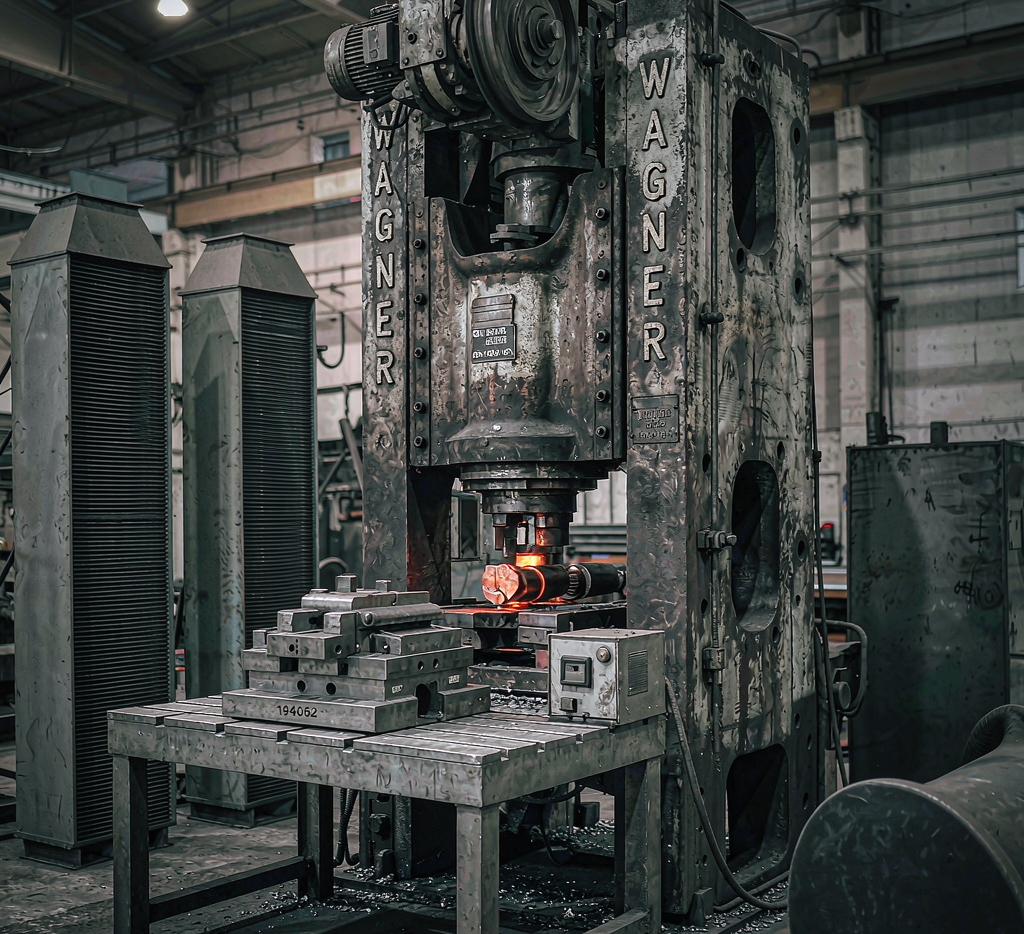 Forging a carbon steel pipe cap in a press with hot metal