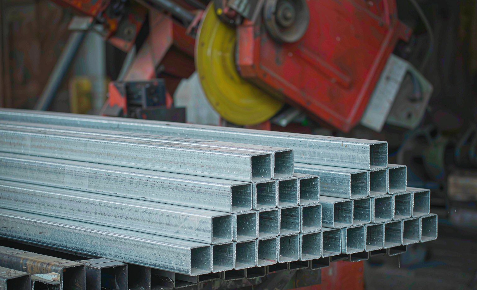 Carbon steel pipe end beveling machine in a workshop
