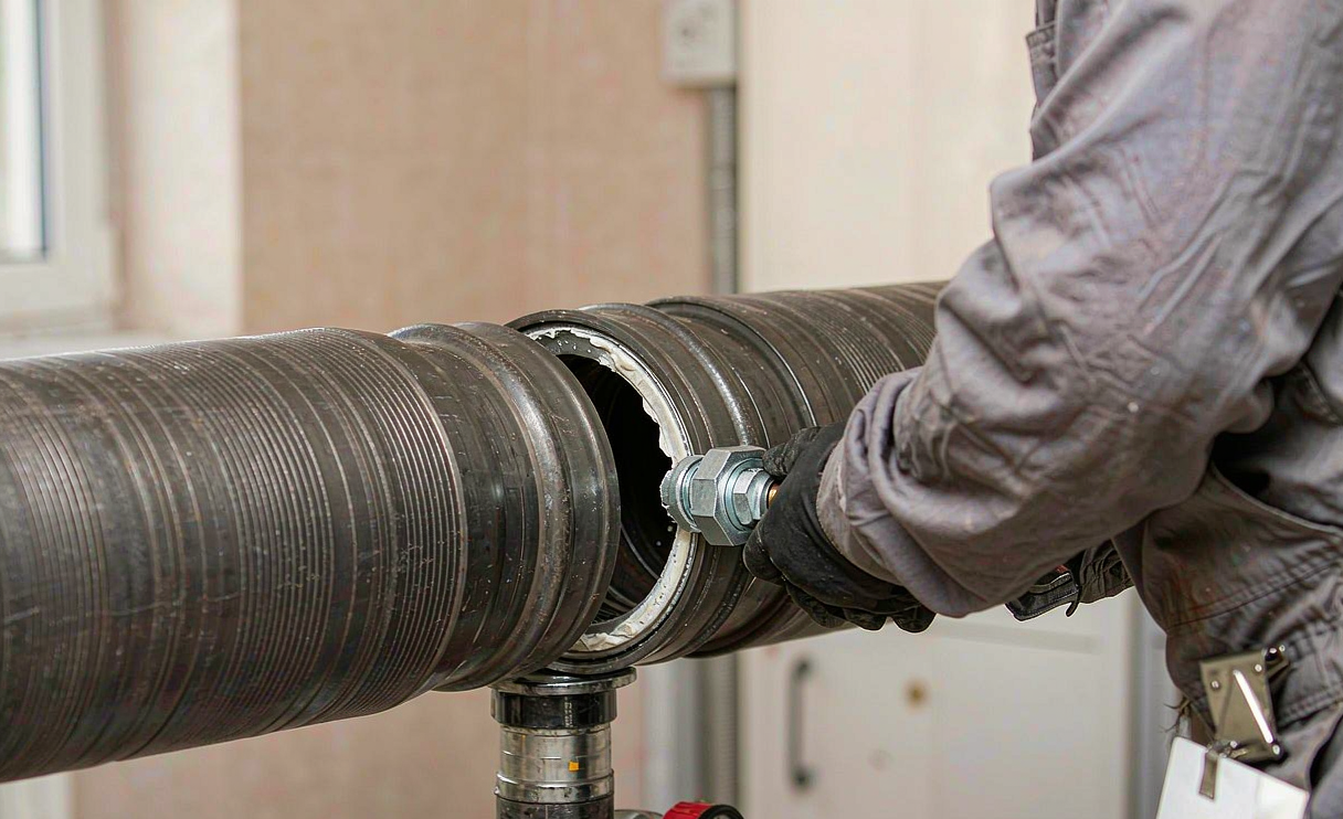 Grooved end carbon steel pipe with coupling installation