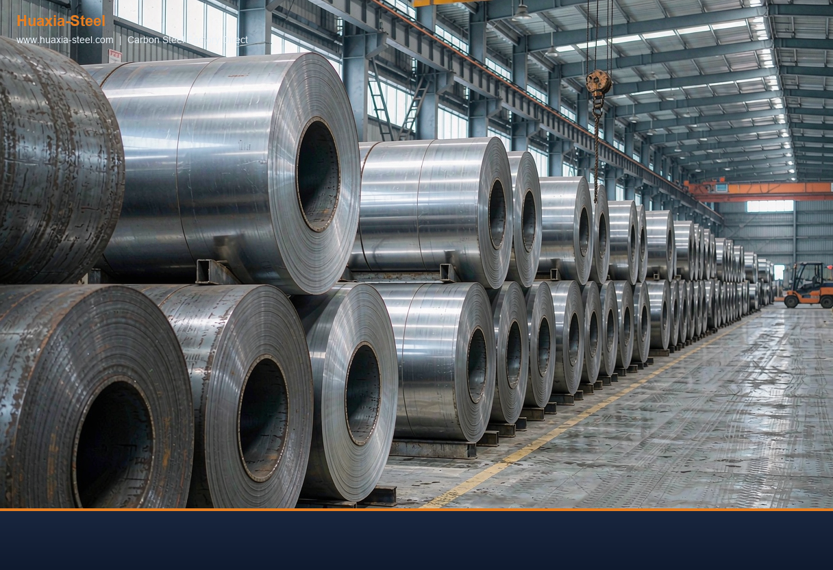 Hot rolled coil and cold rolled coil stacked in steel warehouse