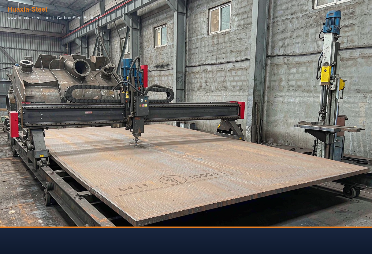 Carbon steel plate cut to size for pressure vessel fabrication in workshop